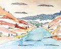 Colorful landscape illustration with mountains and a river, painted with watercolor.