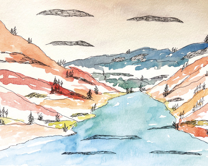 Colorful landscape illustration with mountains and a river, painted with watercolor.