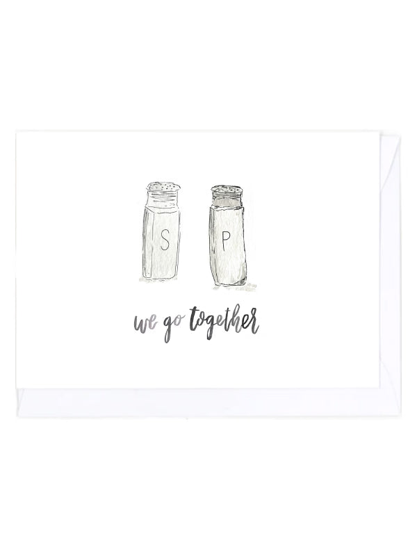 Card illustrated with two salt and pepper shakers on a white background, accompanied by the text 'We go together'.