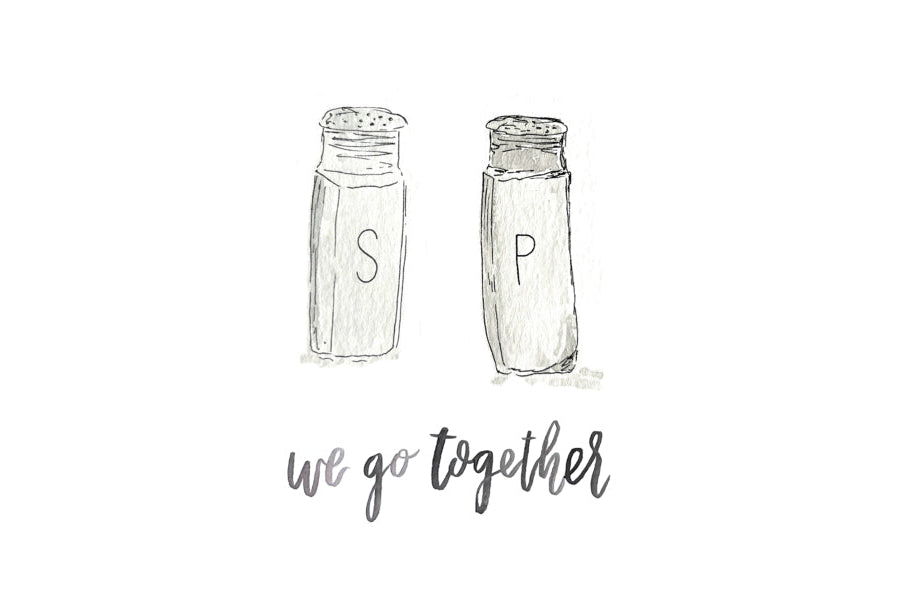 Illustration of two salt and pepper shakers on a white background, accompanied by the text 'We go together'.
