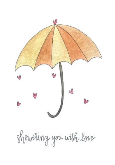 Illustration of an umbrella with hearts and text 'showering you with love' on a white background