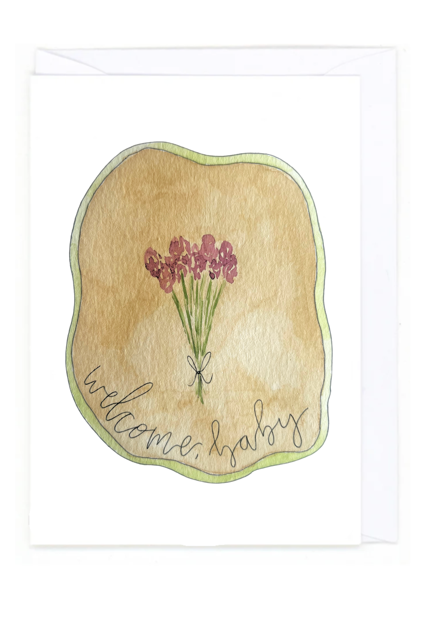 Greeting card with a bouquet of flowers and 'welcome, baby' text on a beige background.