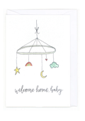 Illustration of a baby mobile with stars, rainbow, and cloud, accompanied by 'welcome home, baby' text.
