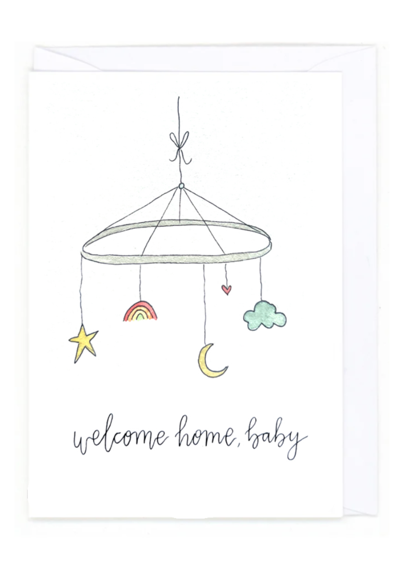 Illustration of a baby mobile with stars, rainbow, and cloud, accompanied by 'welcome home, baby' text.
