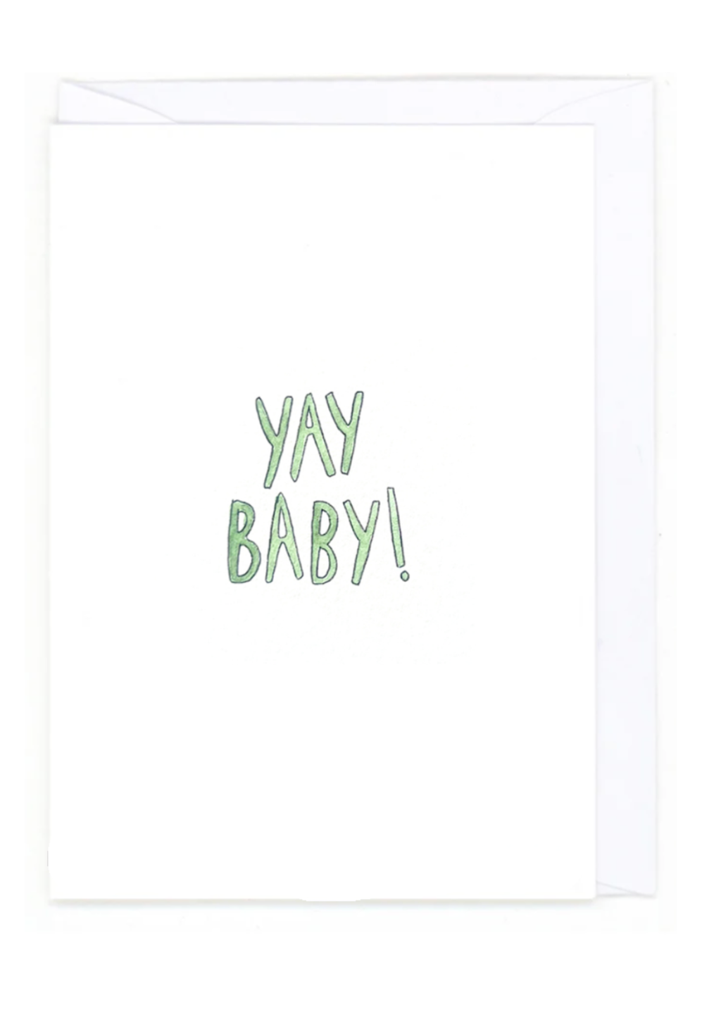 Card with 'YAY BABY!' text in green on a white background