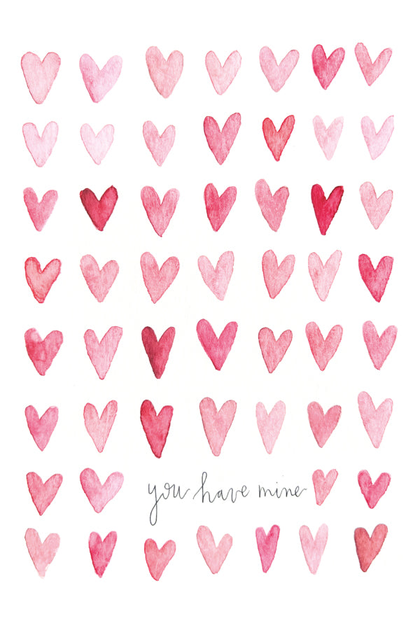 Watercolor pattern of pink hearts with 'you have mine' text on a white background