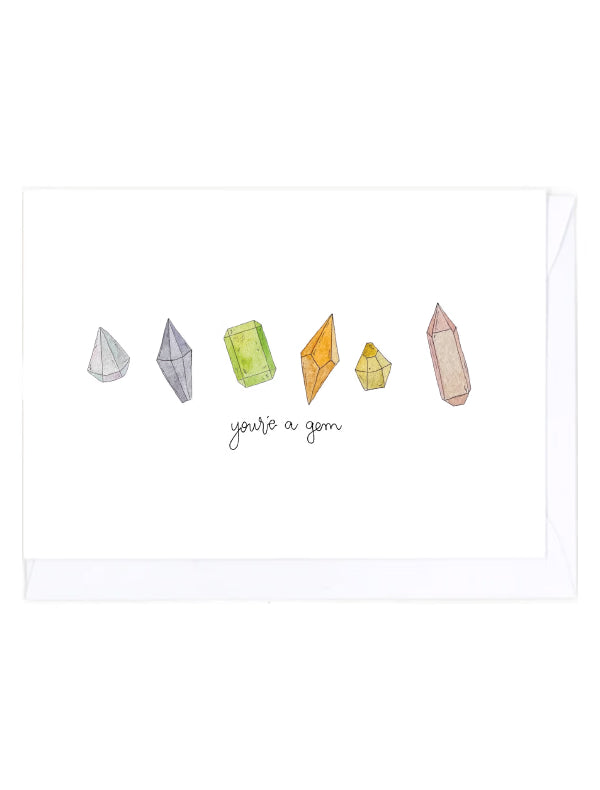 Card with colorful crystal illustrations and text 'you're a gem' on a white background